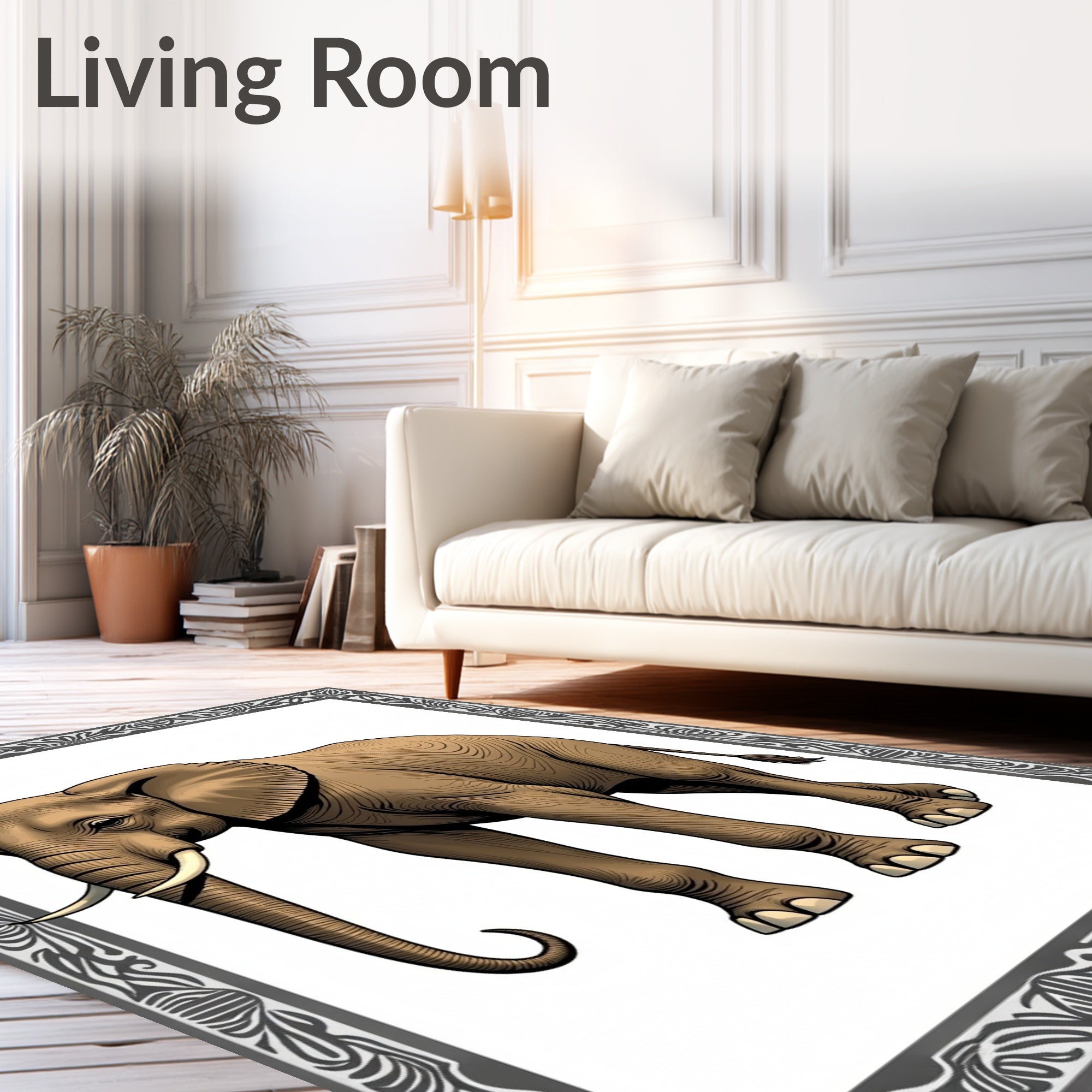 Majestic Brown Elephant Tribal Border Rug