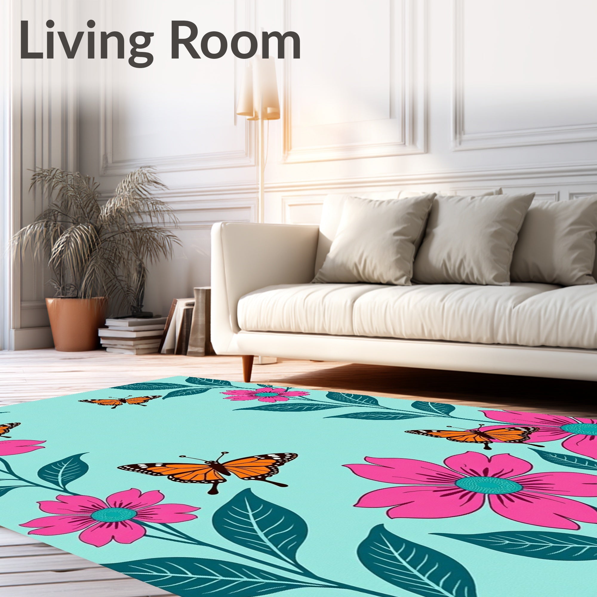 Bright Pink Floral Orange Butterfly Garden Rug