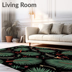 Green Palm Fronds Red Accents Black Rug