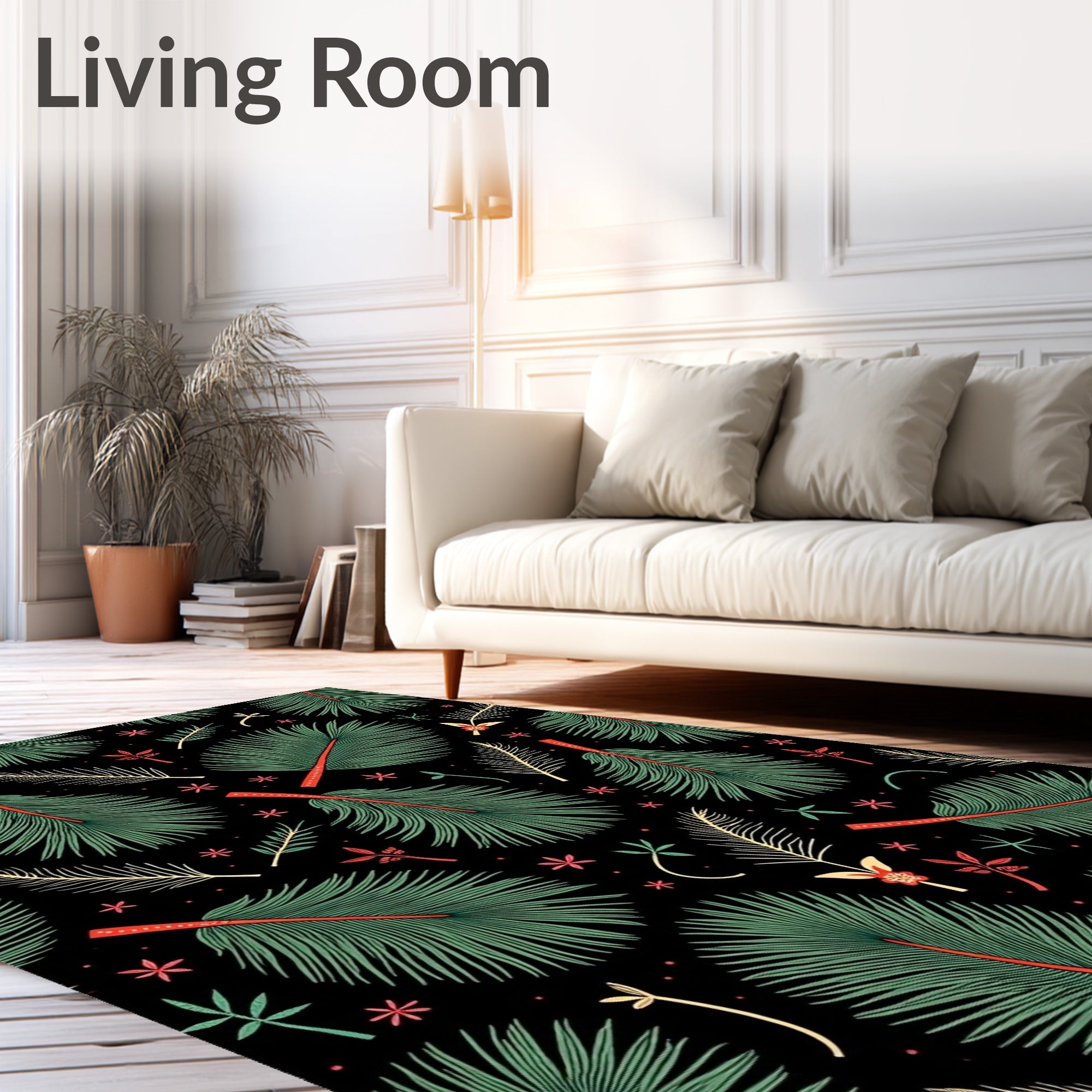Green Palm Fronds Red Accents Black Rug