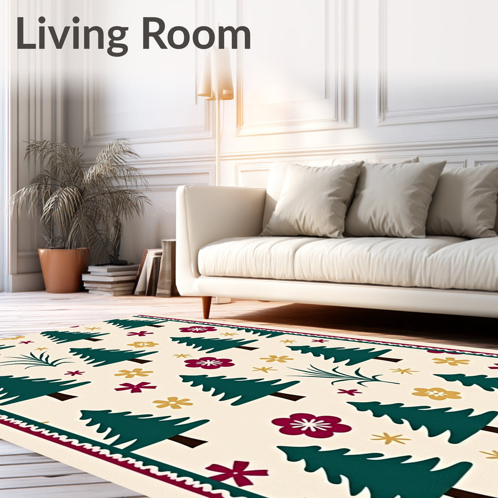Green Pine Trees Burgundy Flower Print Rug