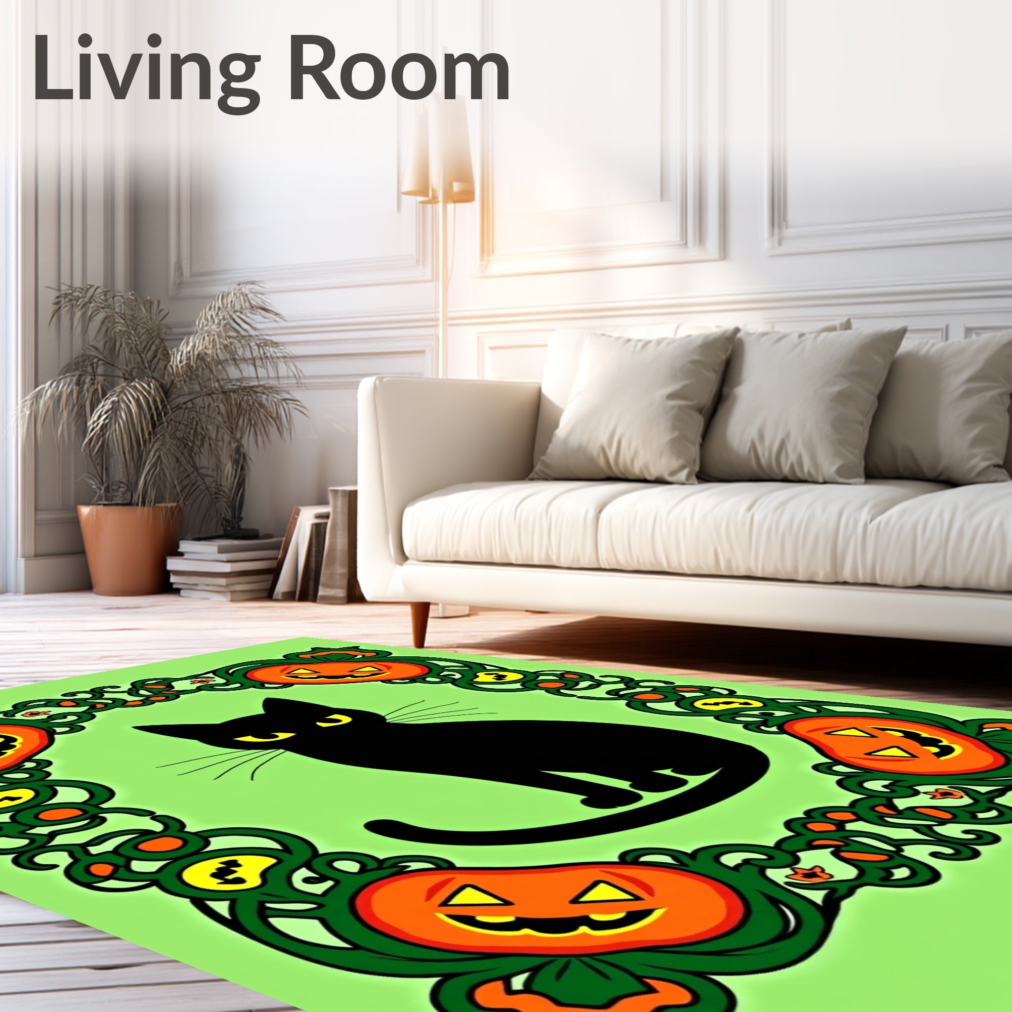 Spooky Black Cat Orange Pumpkin Border Rug