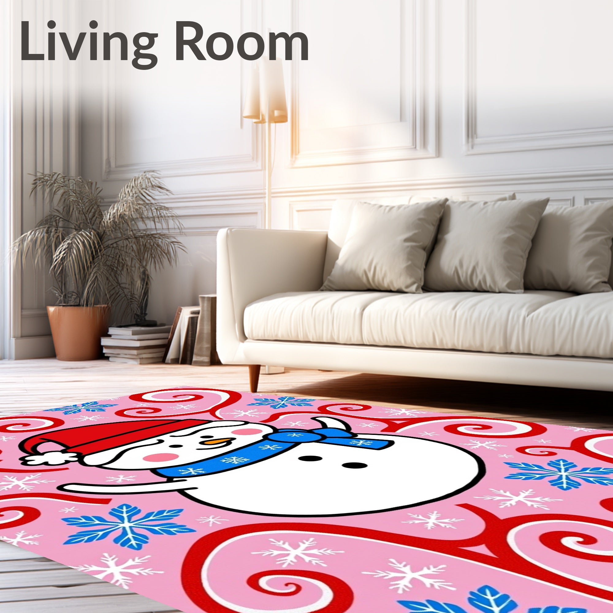 Pink Snowman Red Blue Snowflake Swirls Rug