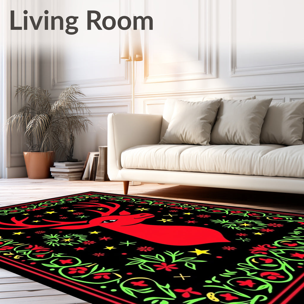 Red Deer And Star Floral Border Rug
