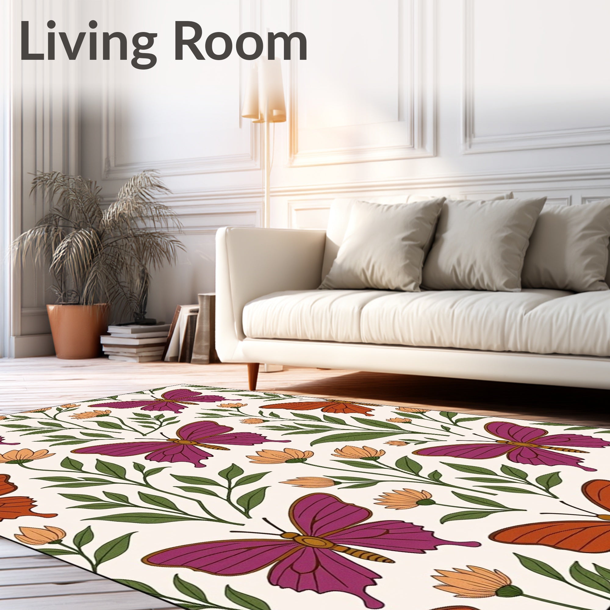 Purple Orange Butterfly Floral Meadow Rug