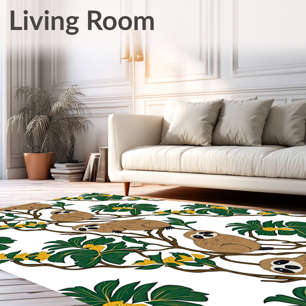 Whimsical Sloth Green Leaf Yellow Bloom Rug