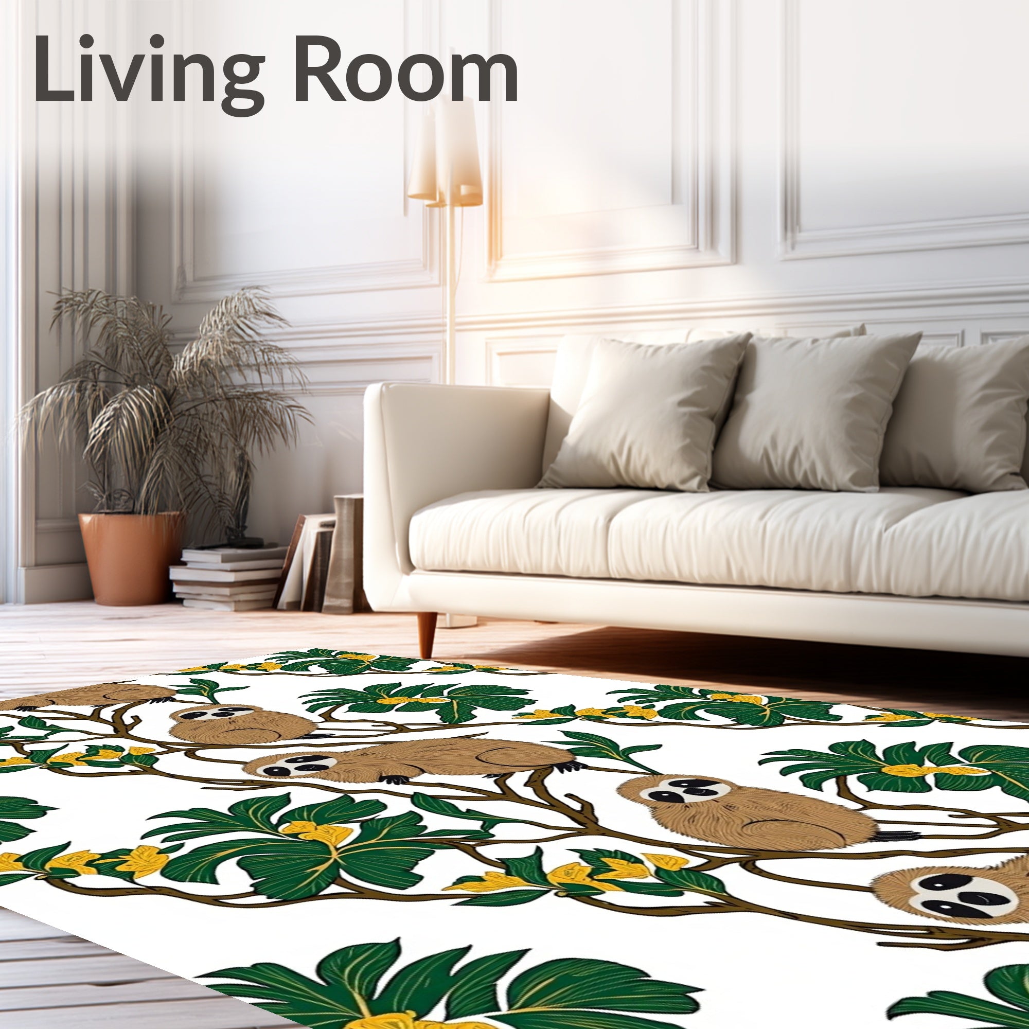 Whimsical Sloth Green Leaf Yellow Bloom Rug