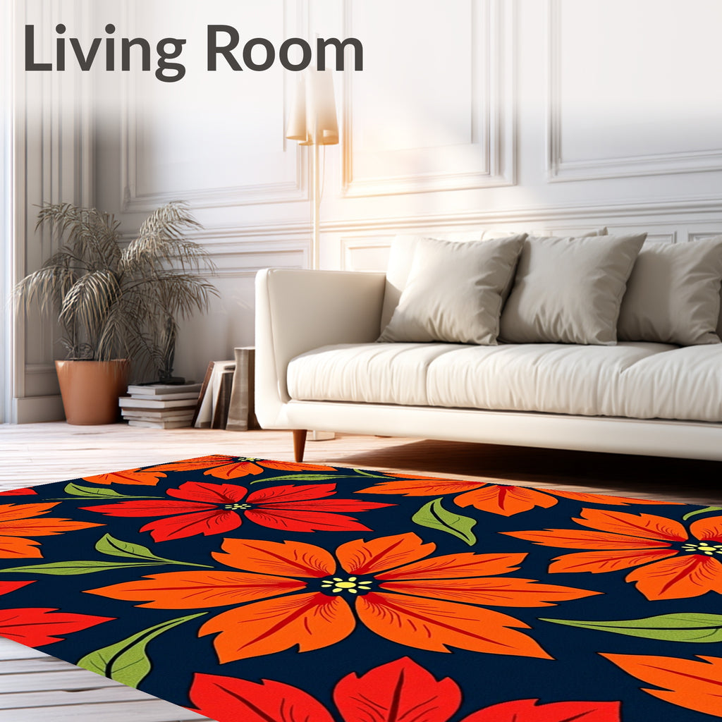 Vivid Red Orange Floral Navy Background Rug