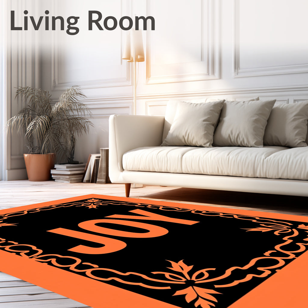 Orange Black Floral Word Art Rug