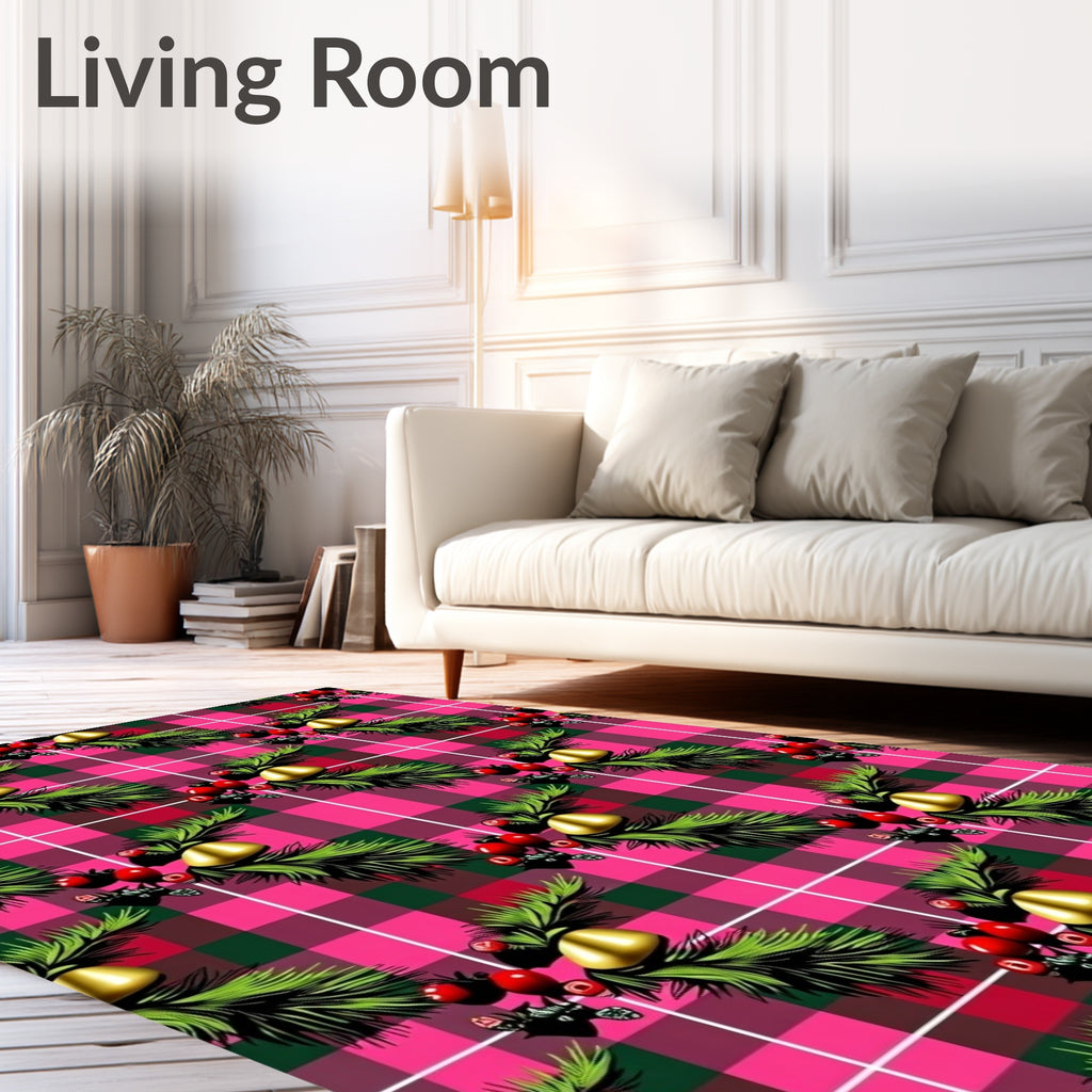 Festive Pink Green Plaid Holly Bell Rug