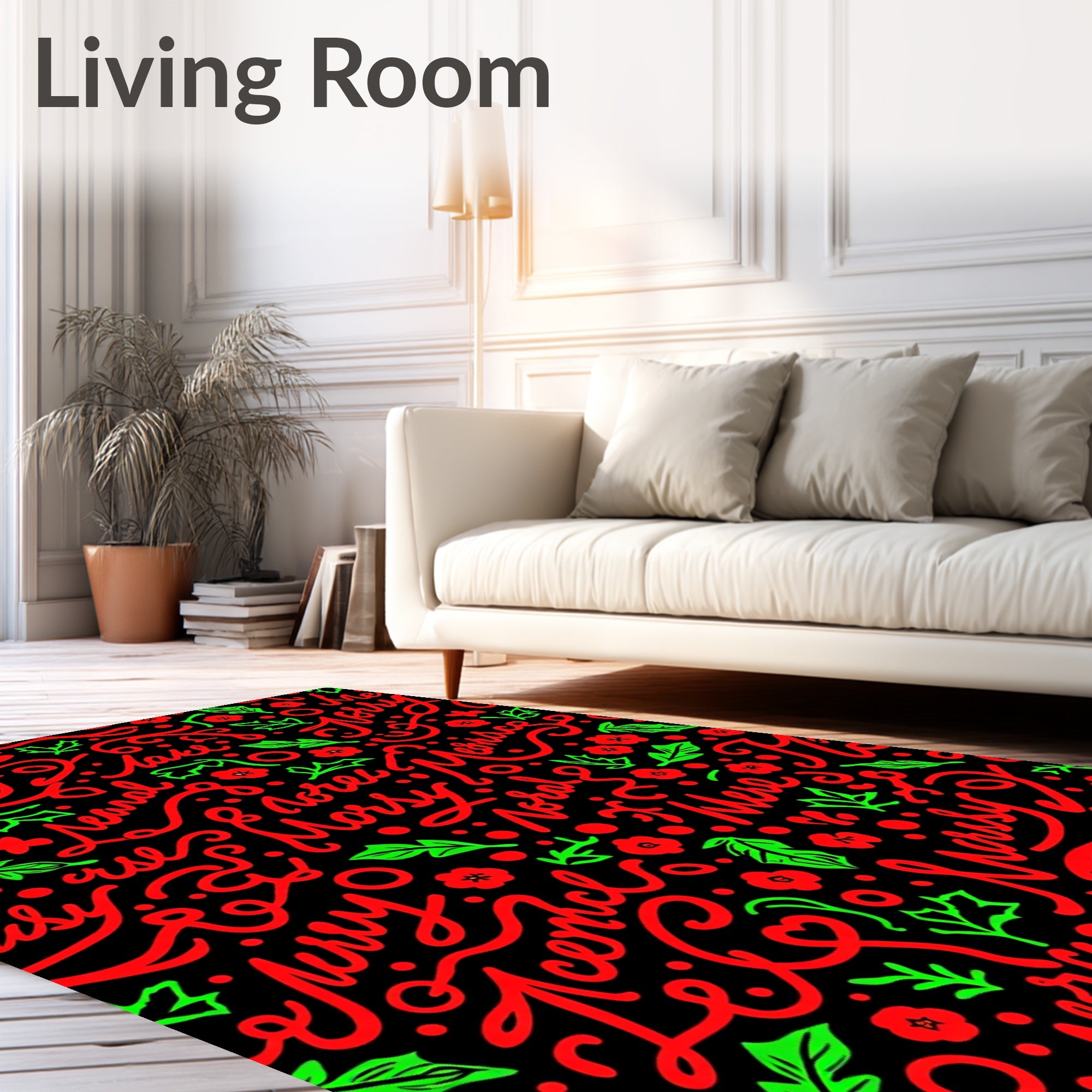 Christmas Red Green Script Floral Rug