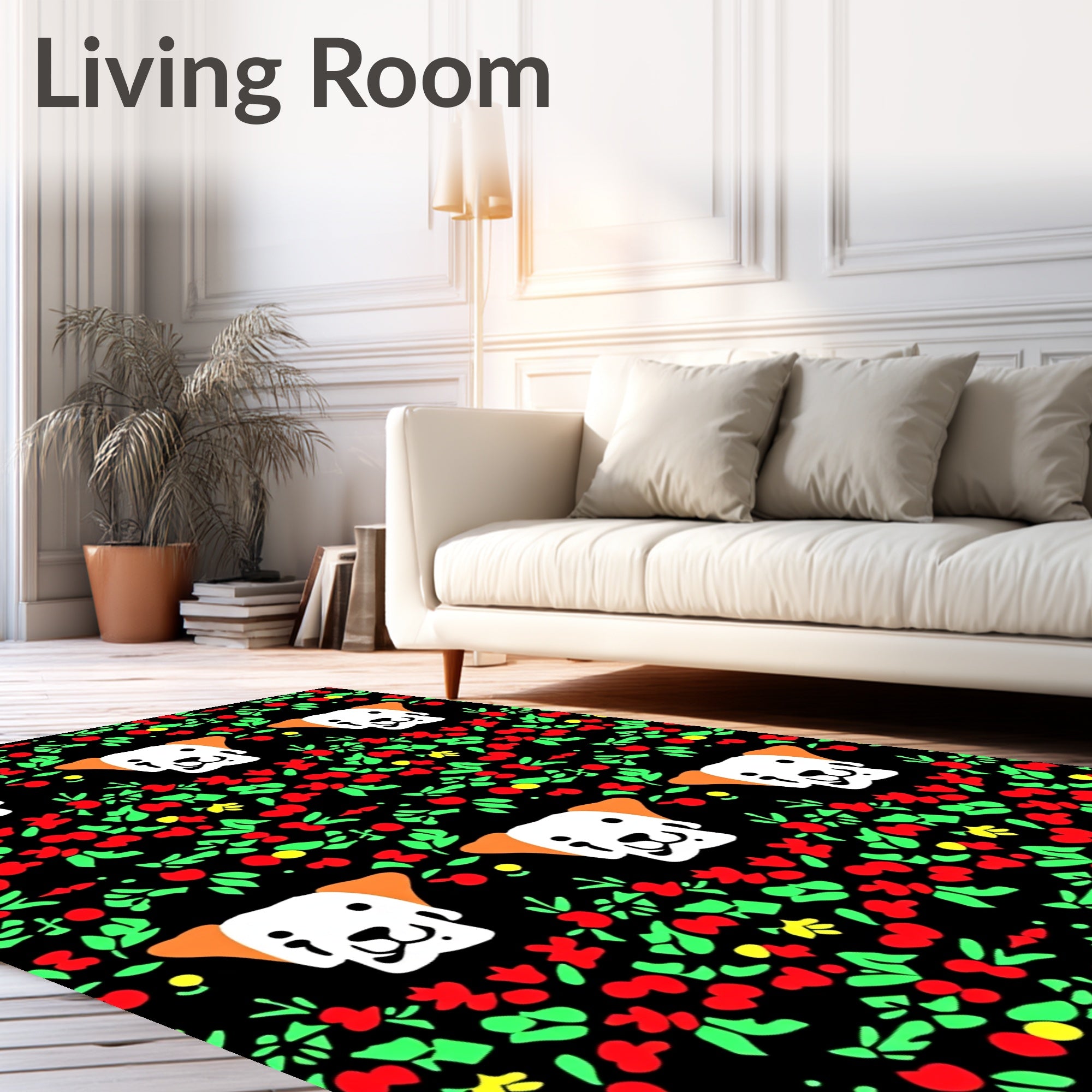 Playful White Dog Red Berry Garland Rug