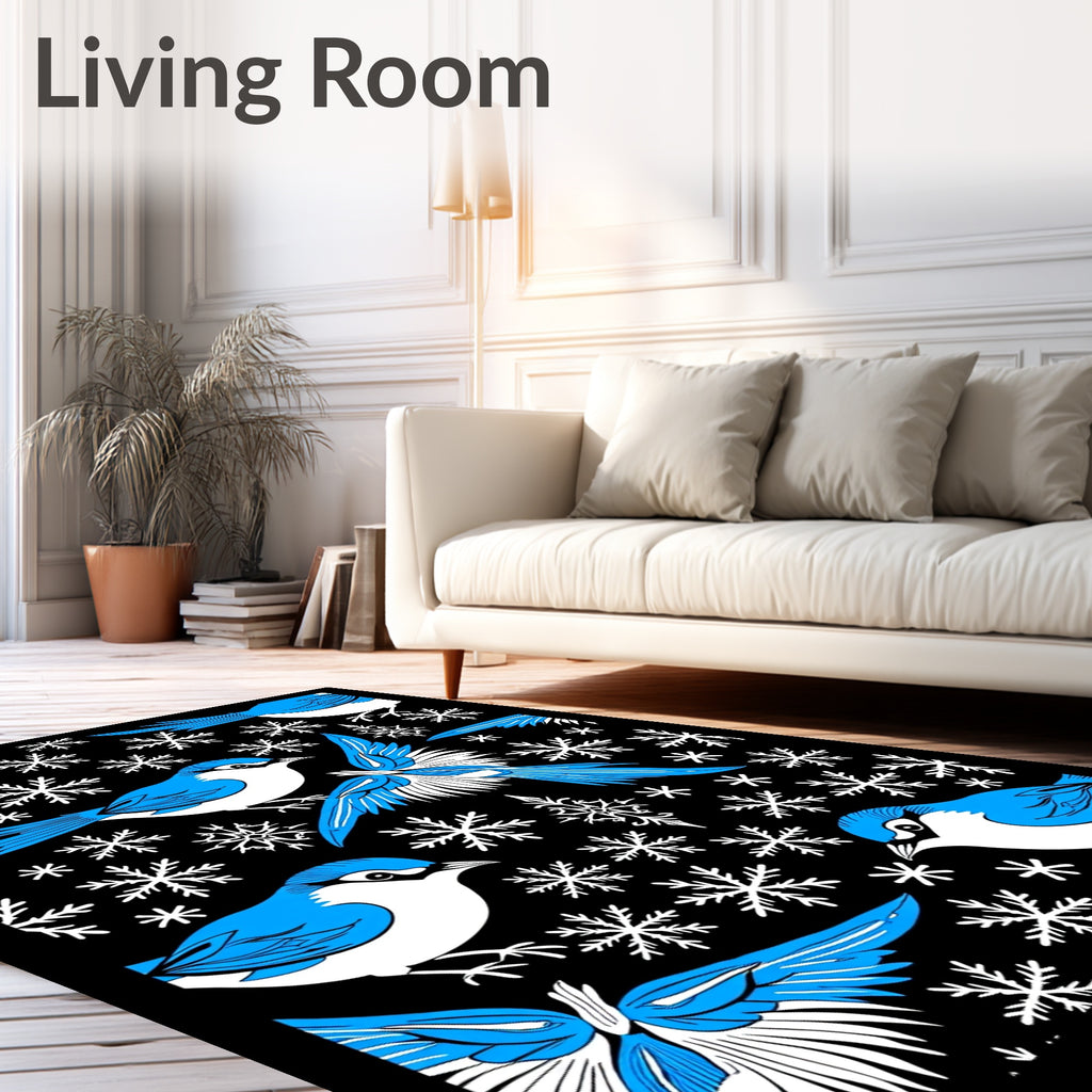 Blue Jay Snowflakes Black Background Print Rug