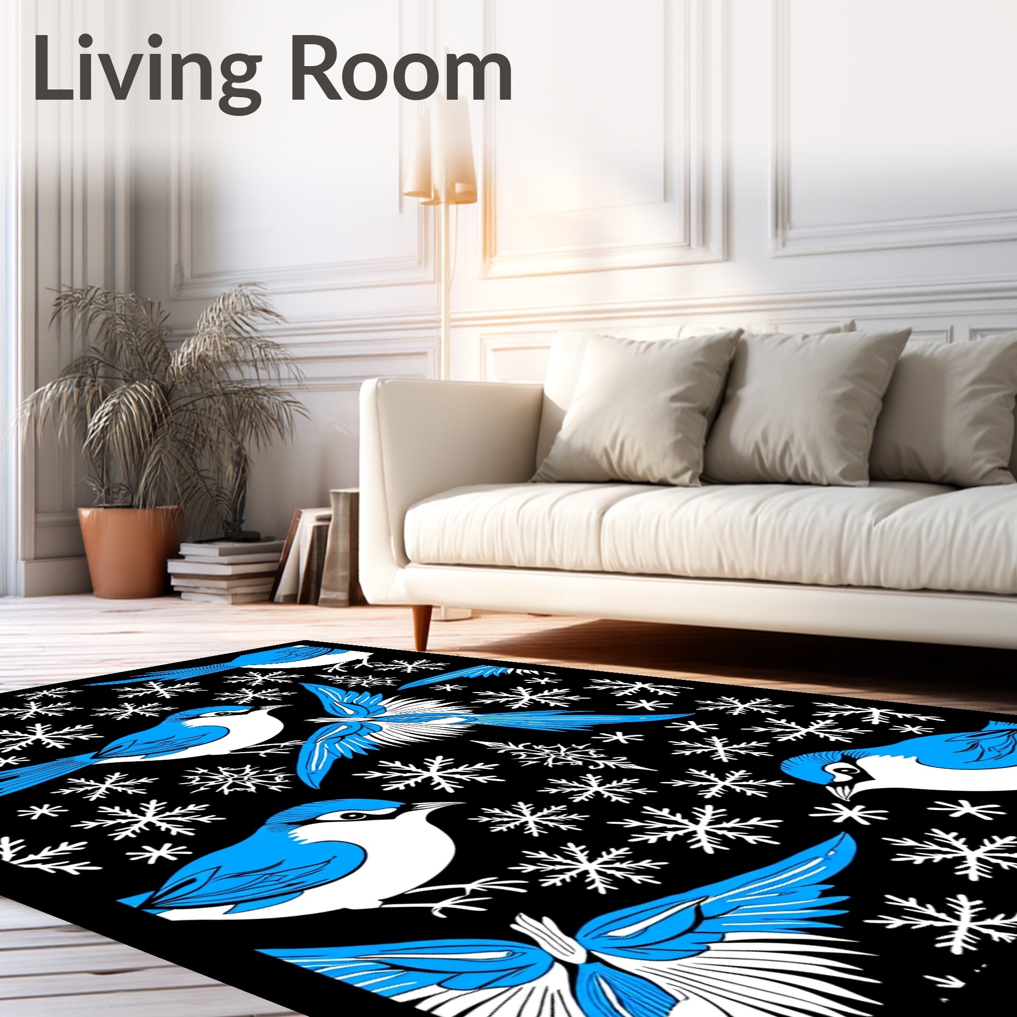 Blue Jay Snowflakes Black Background Print Rug