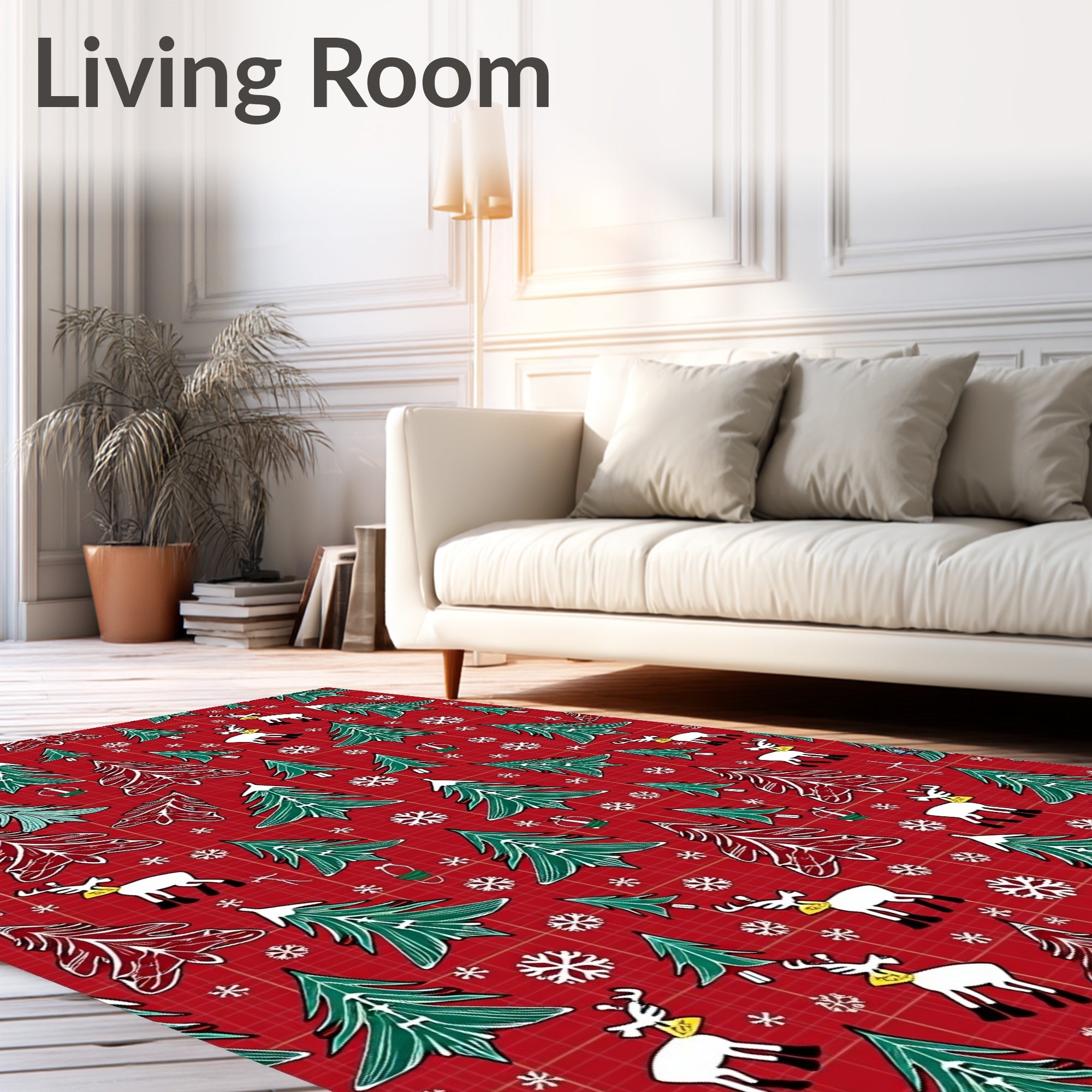Christmas Red Snowflakes Reindeer Trees Rug