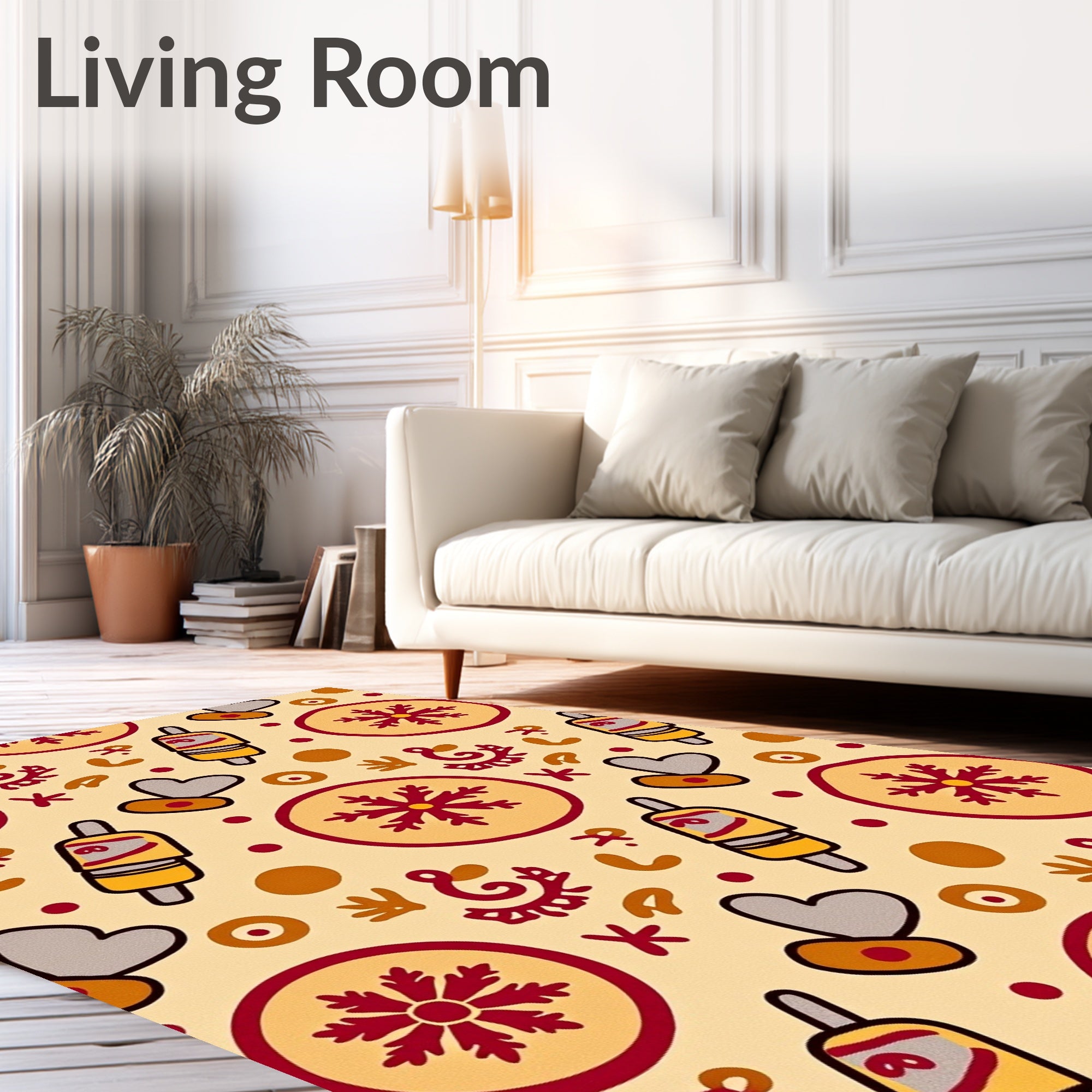 Earthy Yellow Crimson Folk Art Objects Rug