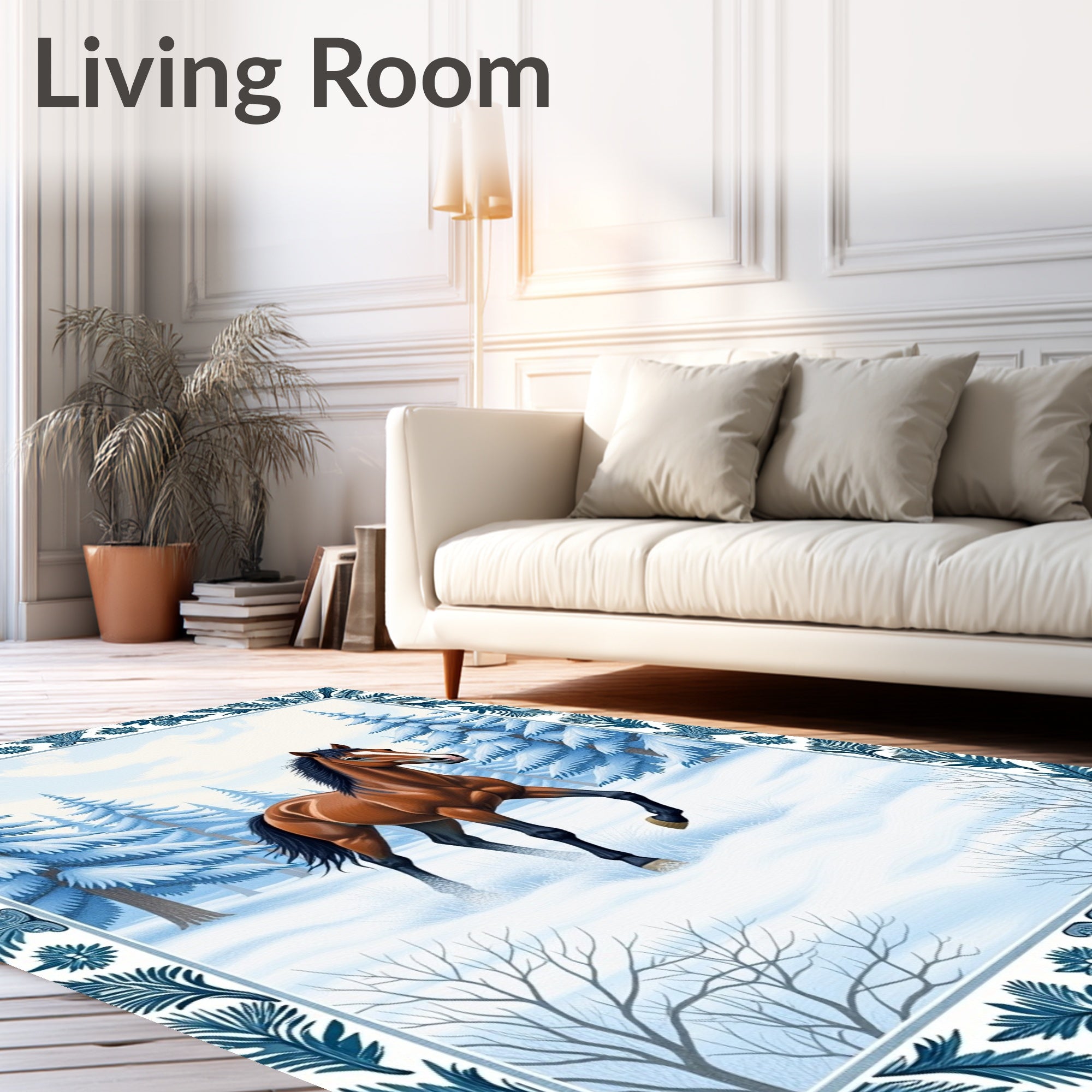 Winter Chestnut Horse Snowy Forest Scene Rug