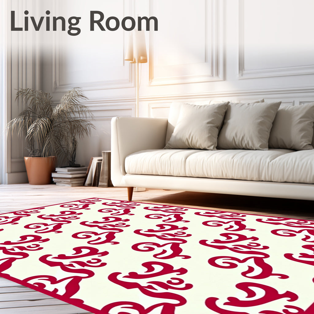 Crimson Swirls Across Off-White Canvas Rug
