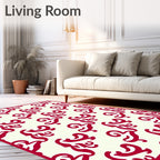 Crimson Swirls Across Off-White Canvas Rug