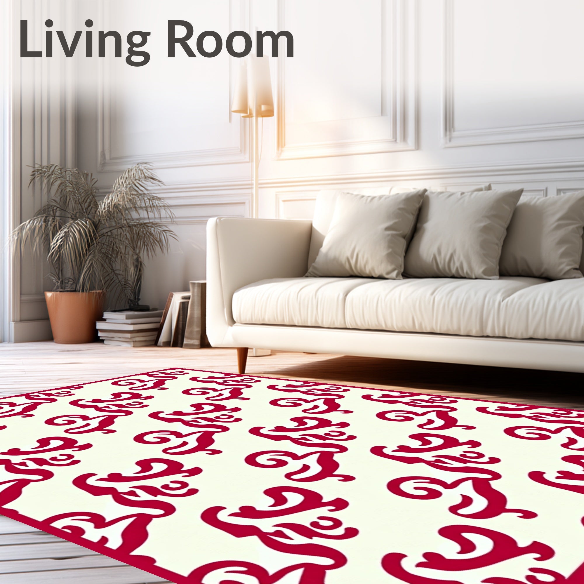 Crimson Swirls Across Off-White Canvas Rug