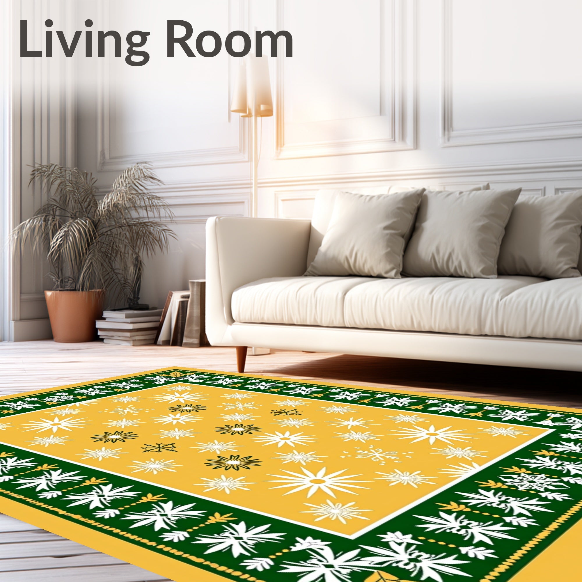 Golden Yellow White Snowflake Border Rug