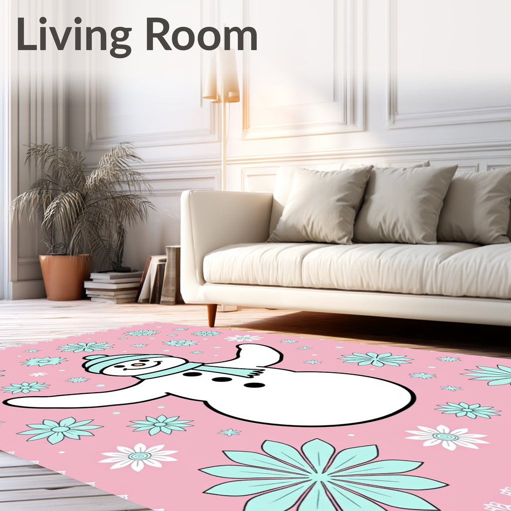 Pink Snowman Floral Whimsical Snow Rug