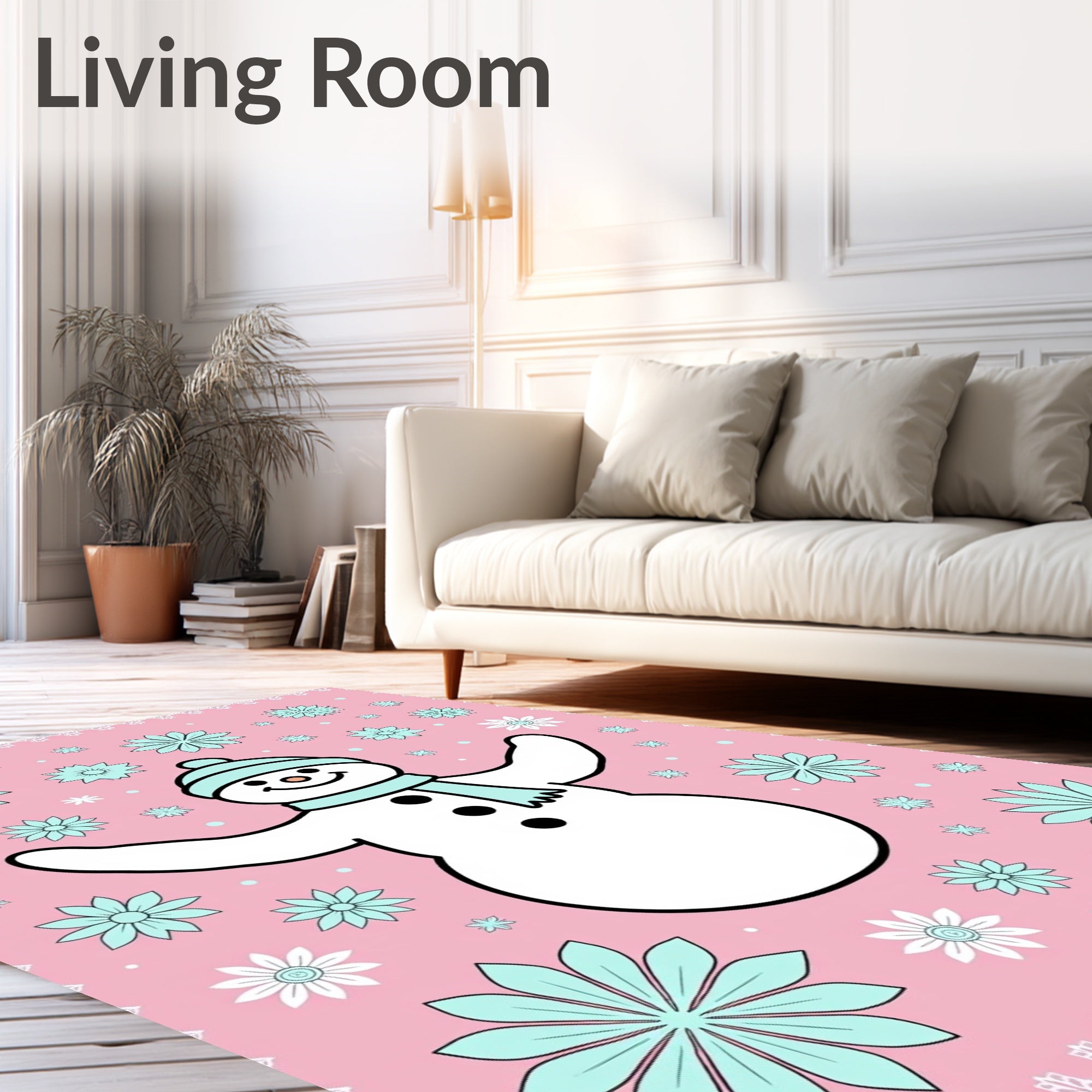 Pink Snowman Floral Whimsical Snow Rug