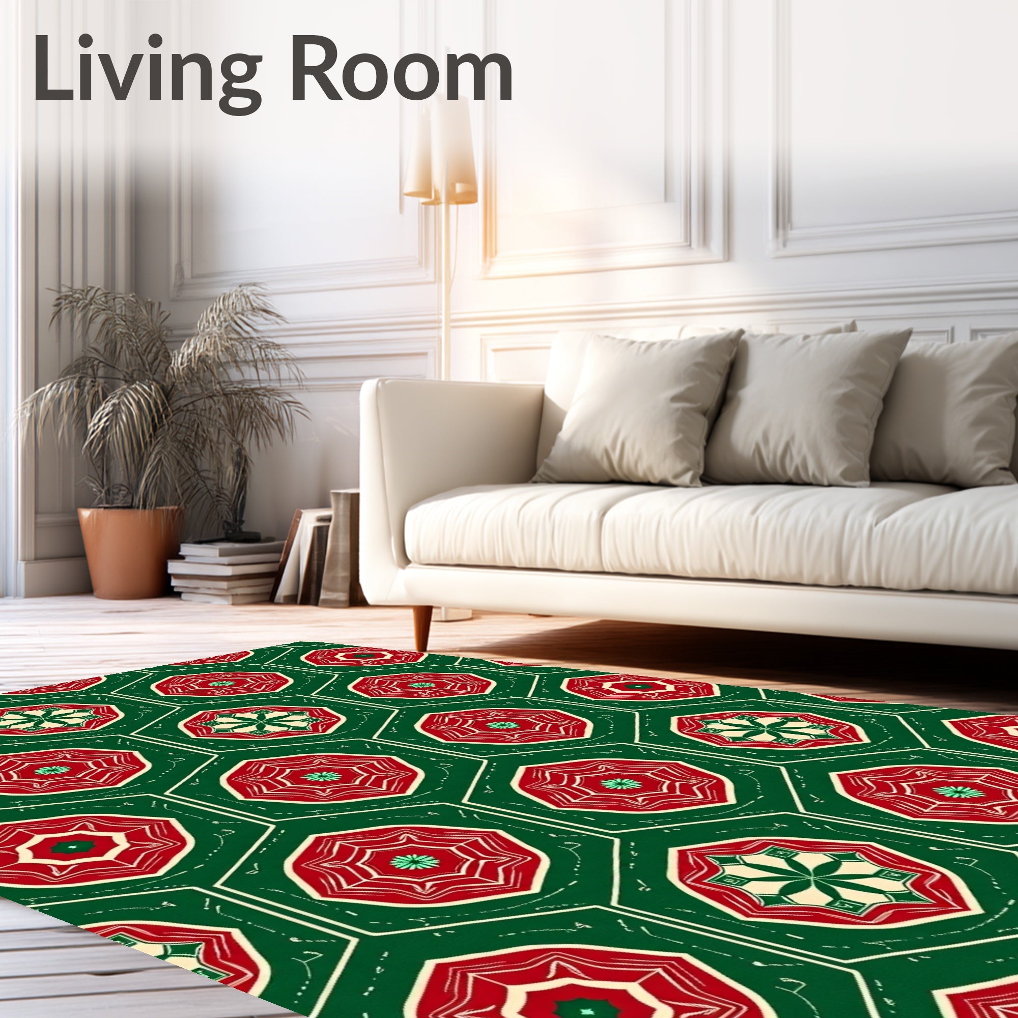Red Green Hexagonal Floral Medallion Rug