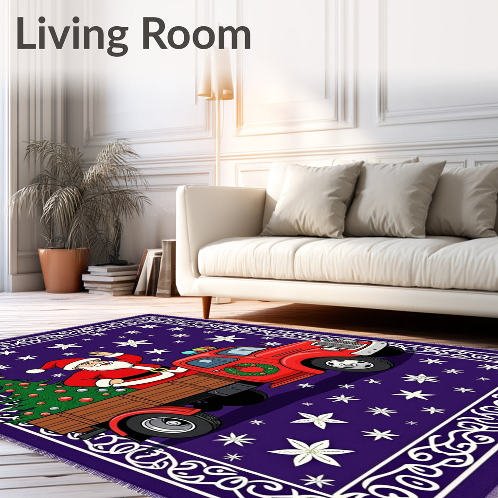Whimsical Santa Red Truck Snowflakes Rug
