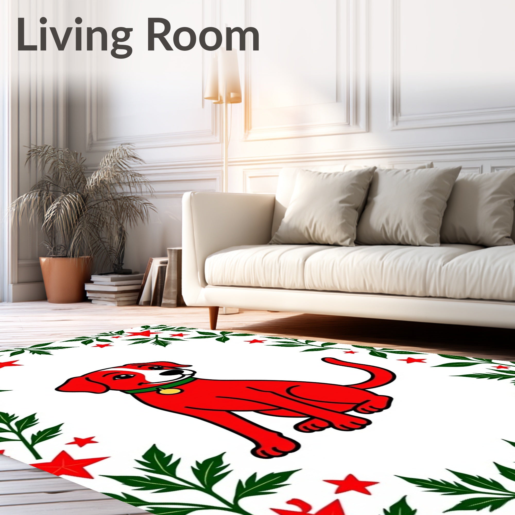 Red Dog with Green Foliage and Stars Rug