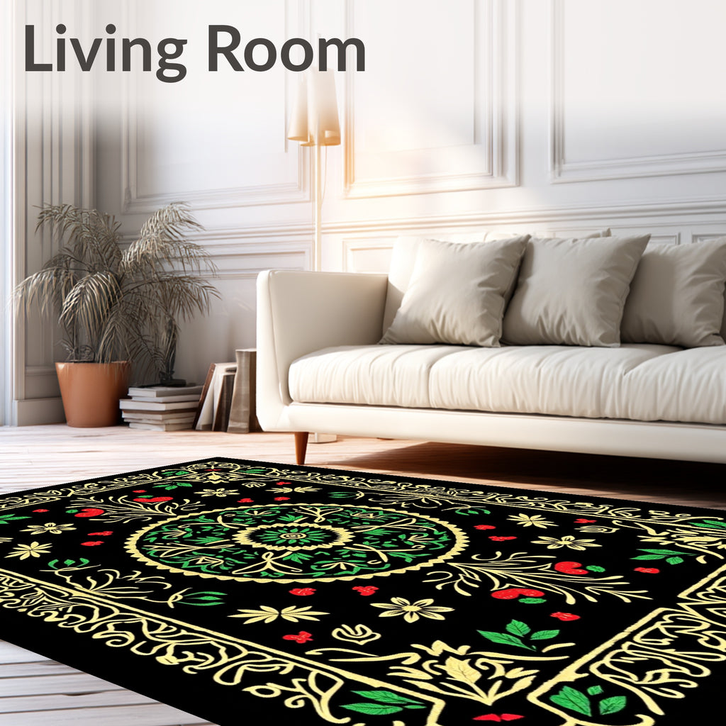 Ornate Floral Medallion Black Rug