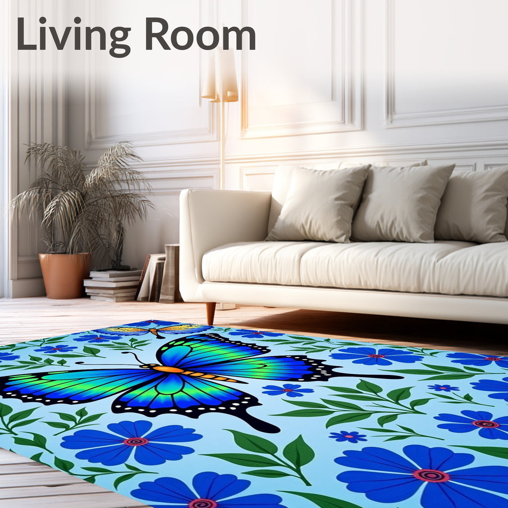 Blue Green Butterfly Garden Floral Rug