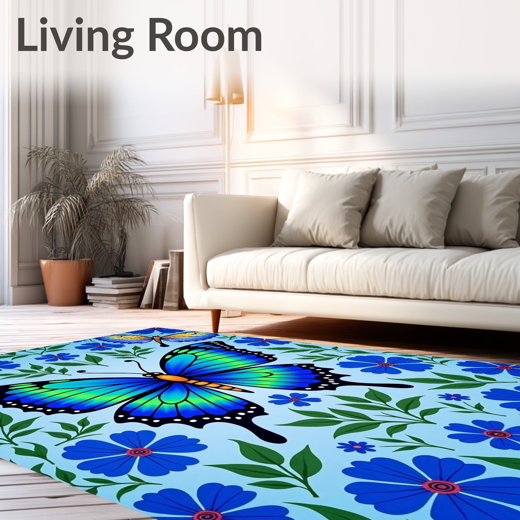 Blue Green Butterfly Garden Floral Rug