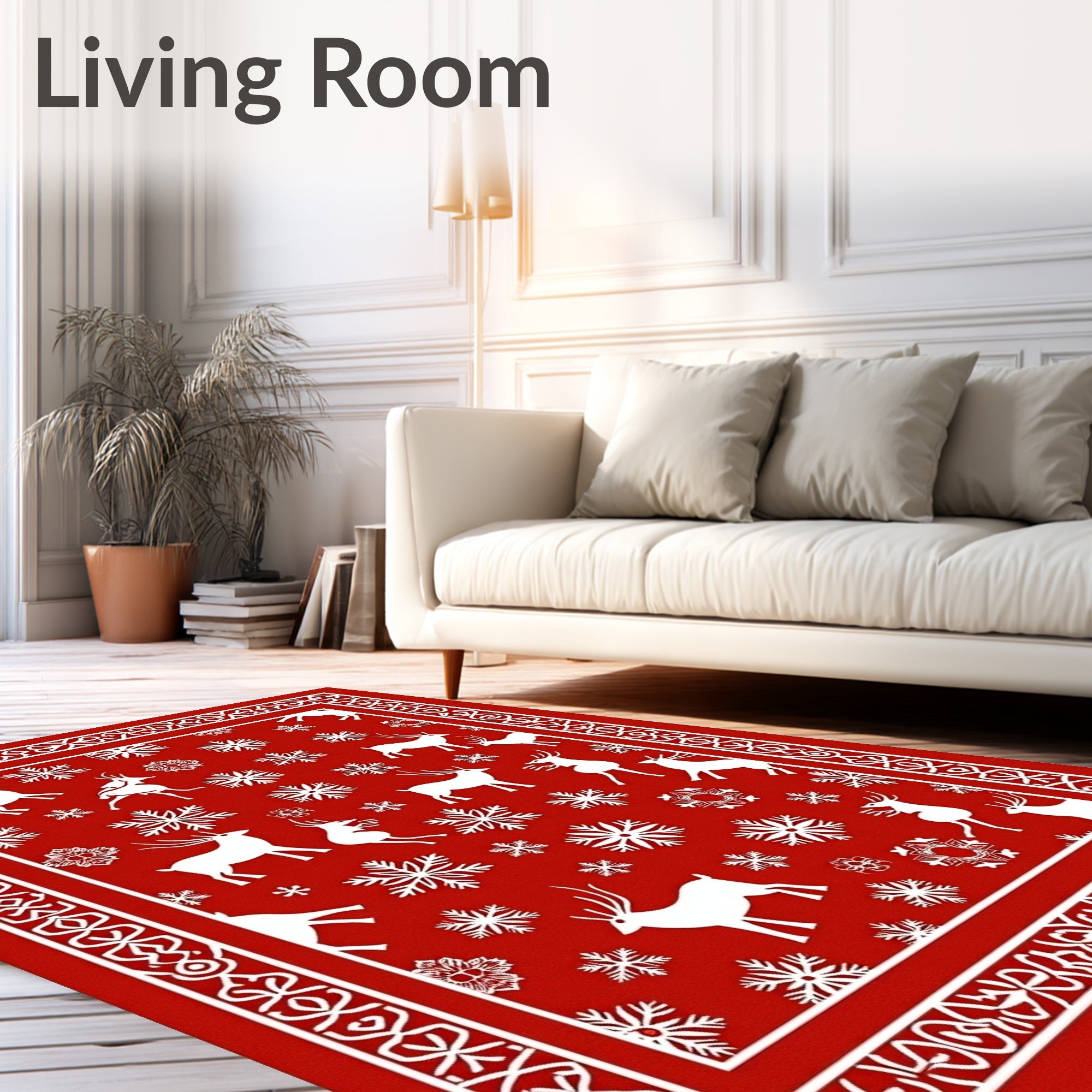 Red White Reindeer Snowflake Border Rug