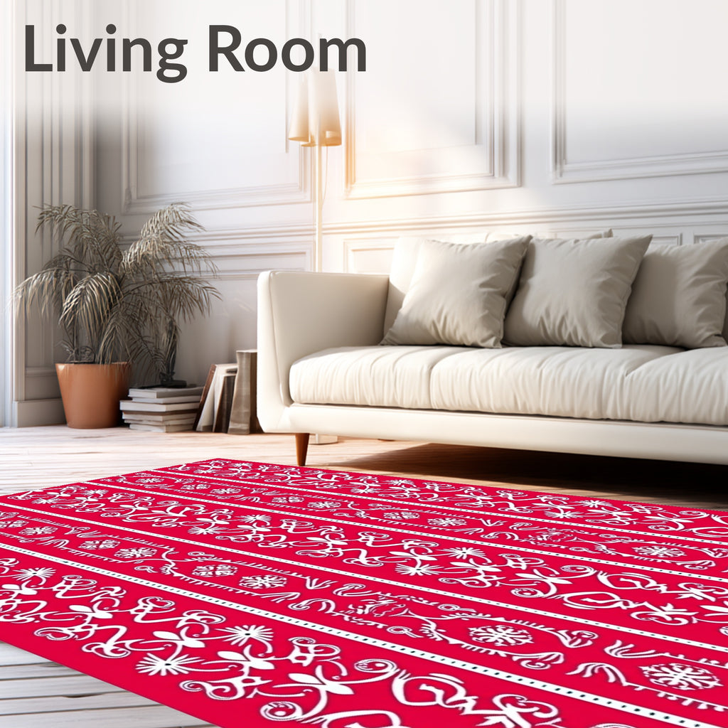 Crimson White Vertical Tribal Scroll Rug