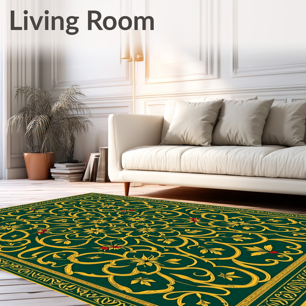 Emerald Gold Floral Scroll Medallion Swirl Rug
