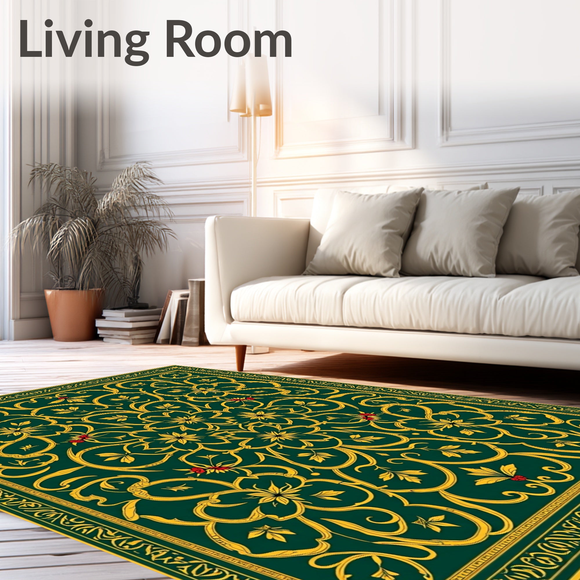 Emerald Gold Floral Scroll Medallion Swirl Rug