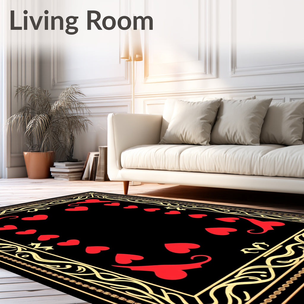 Red Hearts Black Gold Card Frame Rug