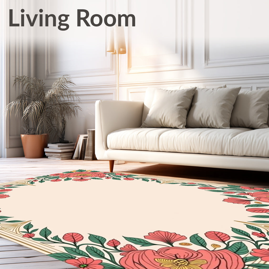 Coral Floral Garland Gold Frame Rug