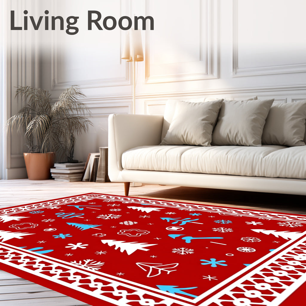 Red Winter Trees Snowflakes Border Rug
