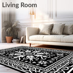 Black White Floral Medallion Borders Rug