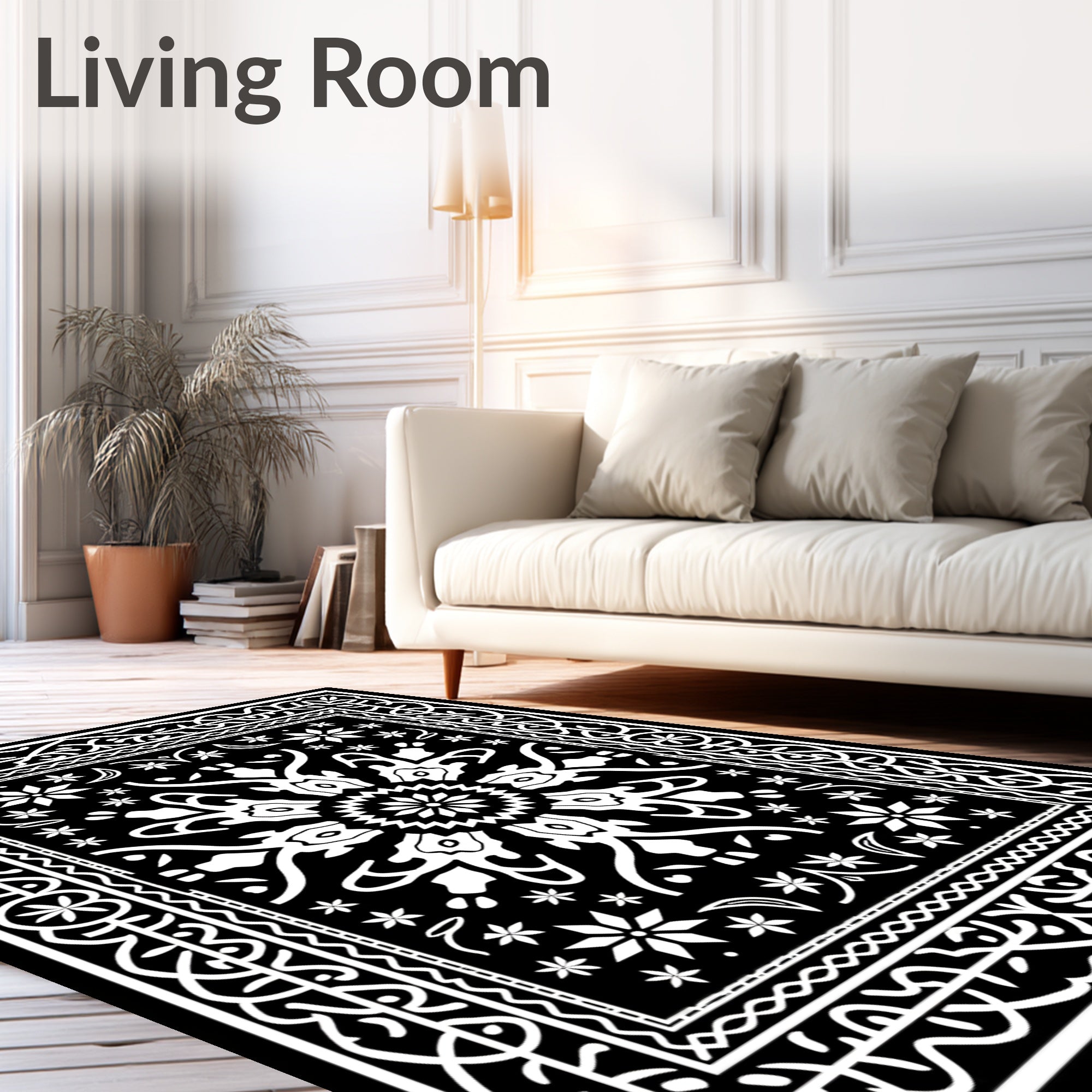 Black White Floral Medallion Borders Rug
