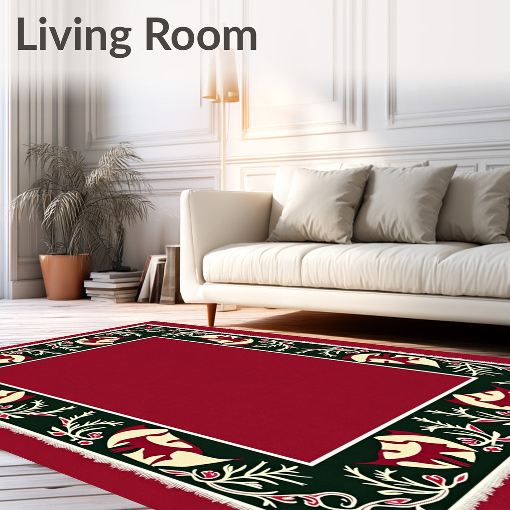 Crimson Green Floral Bird Border Rug