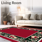 Crimson Green Floral Bird Border Rug