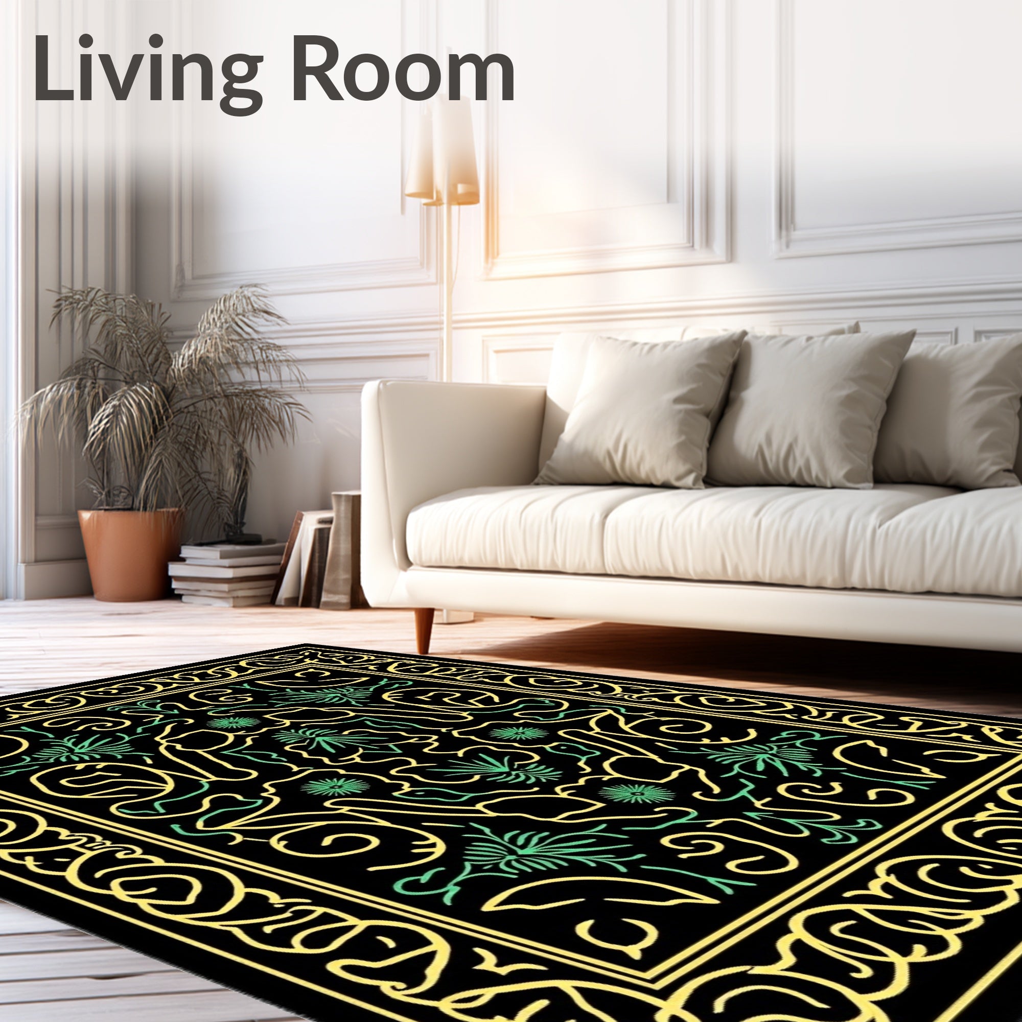 Black Yellow Green Floral Swirl Rug