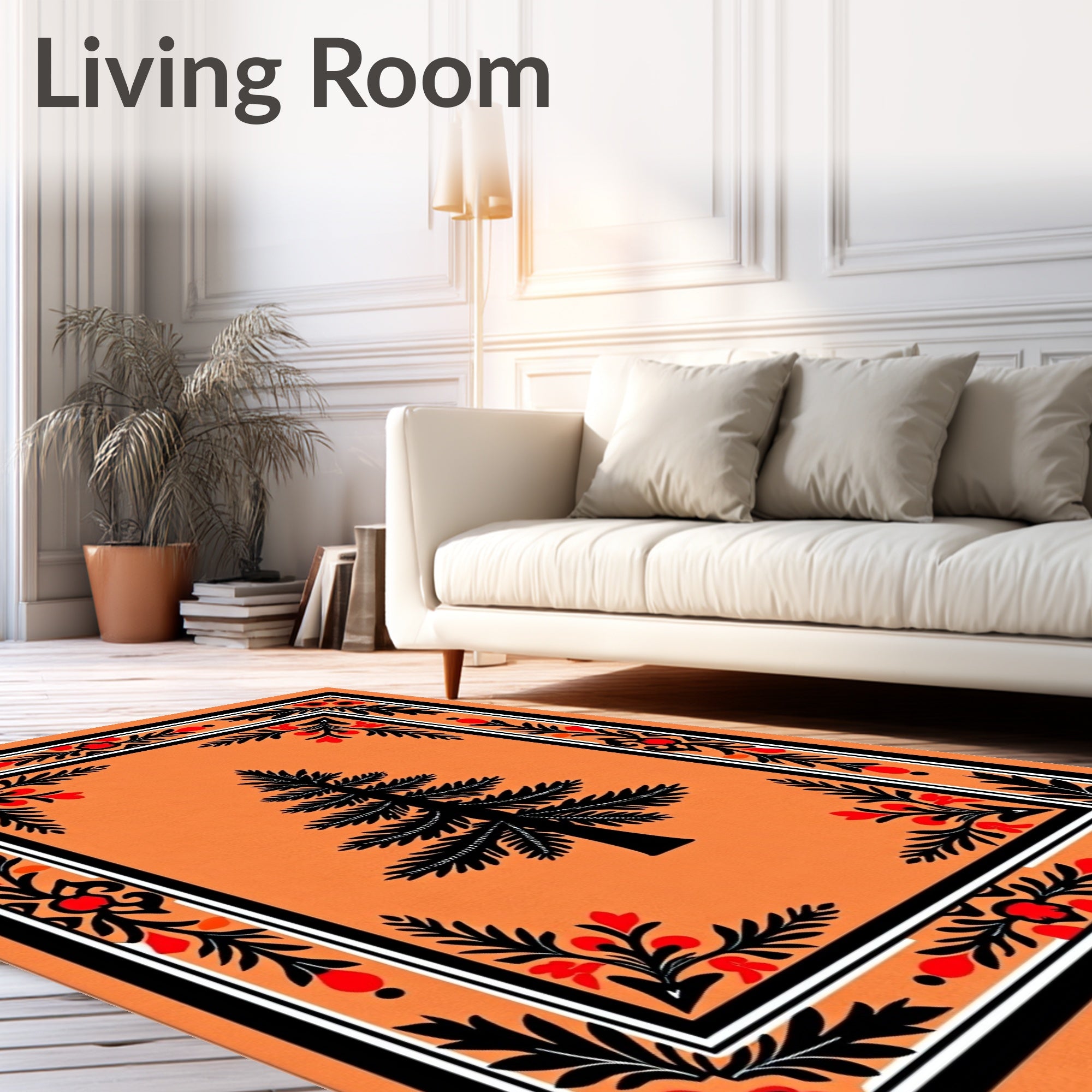 Bold Black Tree Red Floral Border Rug