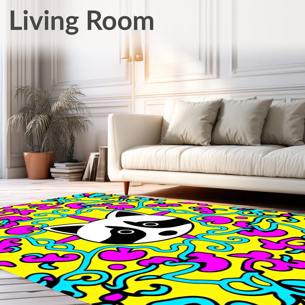 Whimsical Raccoon Bright Floral Swirl Rug
