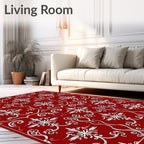 Deep Red White Damask Floral Scroll Rug
