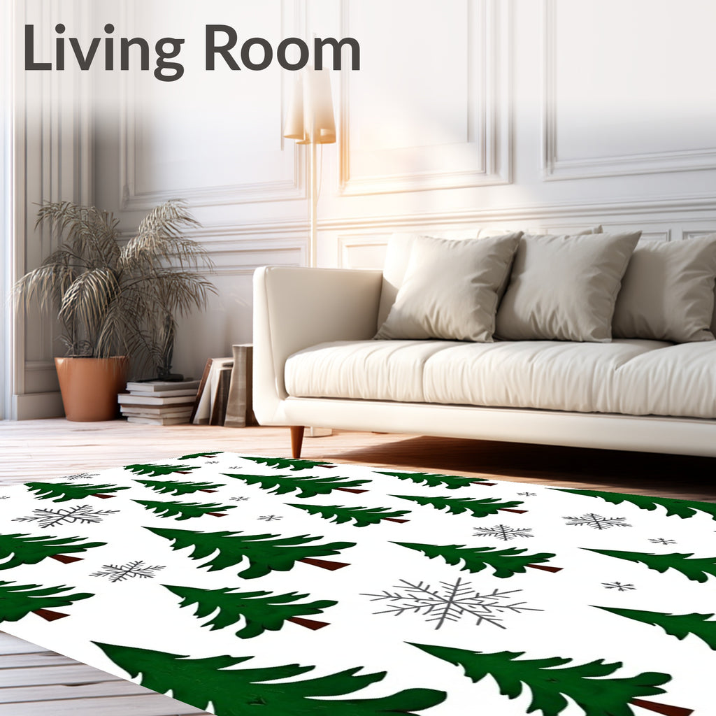 Green Evergreen Winter Forest Snowflakes Rug