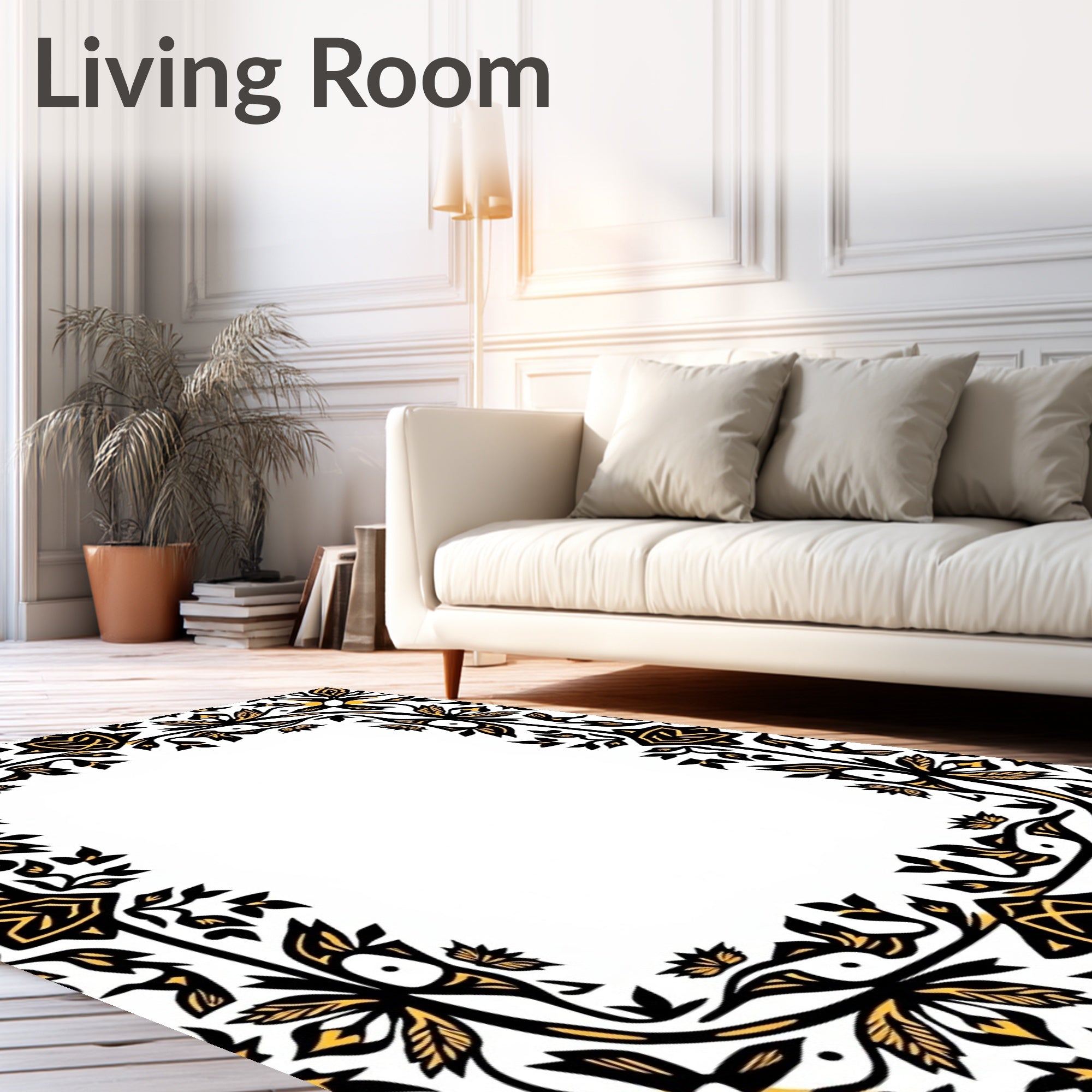 Elegant Black Gold Floral Border Rug